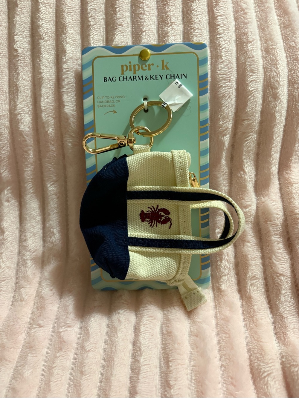 Cream and Navy Mini Tote Bag Keychain with Red Embroidered Lobster Accent NWT - Picture 3 of 3